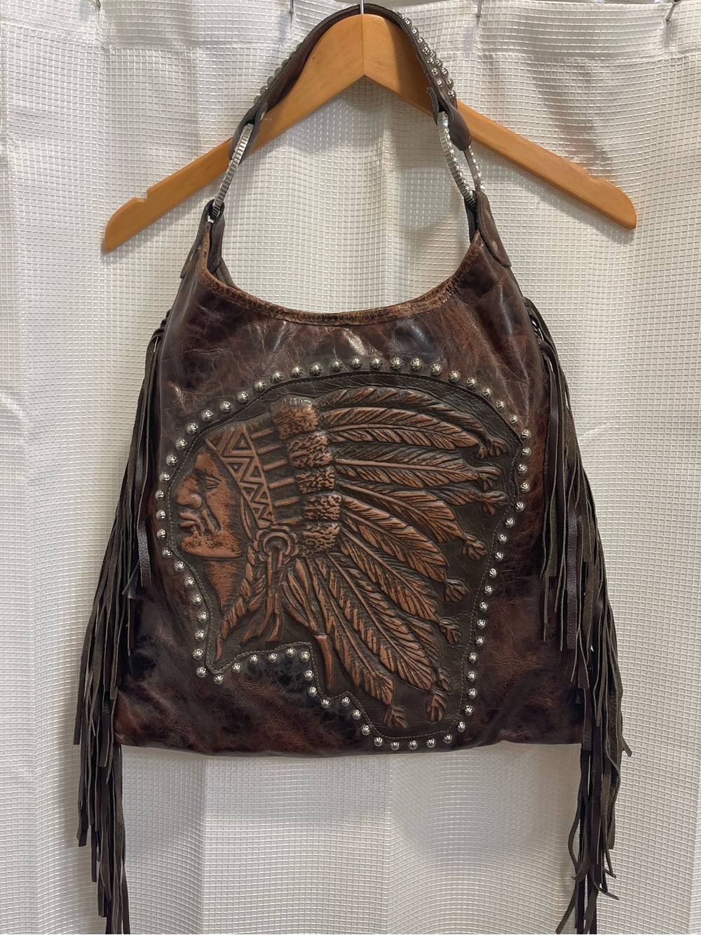 Raviani Brown Western Leather Stud Indian Shoulder Bag EUC Fringe Boho Rodeo